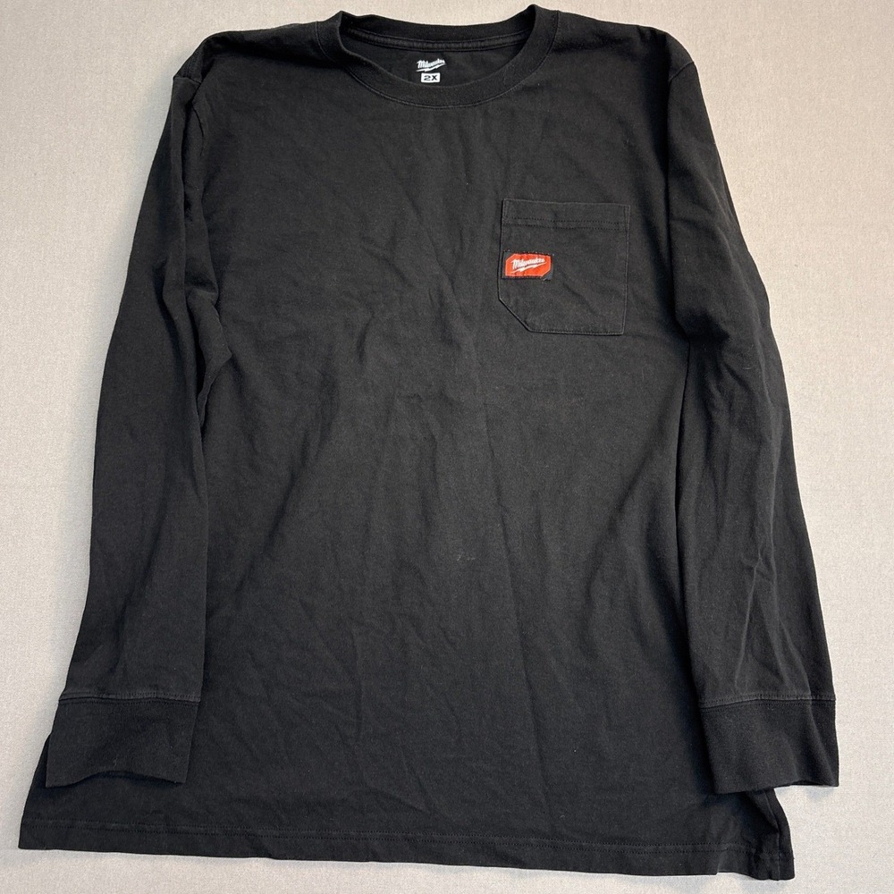 Milwaukee Mens 2X Black Long Sleeve Pocket T-Shirt Workwear Heavy Duty Logo 1660